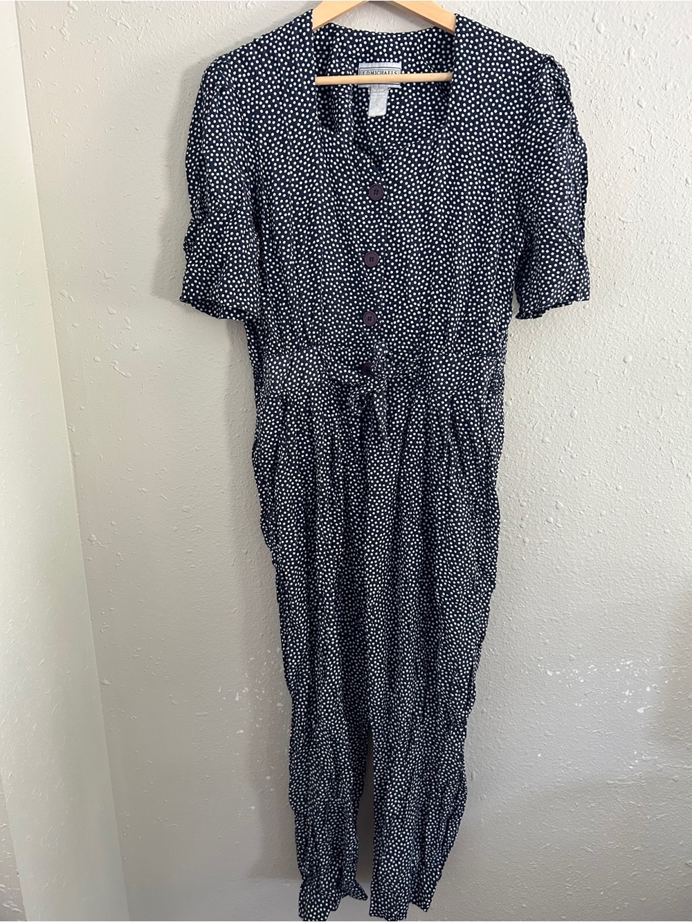 Vintage E.D. Michaels by Melanie Drucker Navy Jumpsuit Polka Dot 90s Stretch